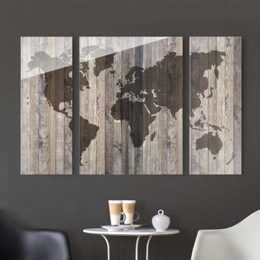 Glass print 3 parts - Wood World Map