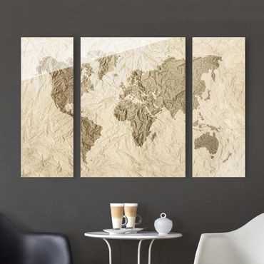 Glass print 3 parts - Paper World Map Beige Brown