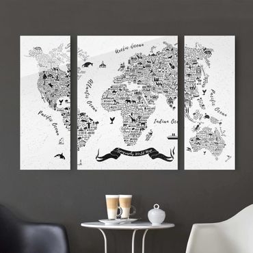 Glass print 3 parts - Typography World Map White