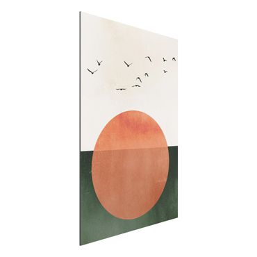 Alu-Dibond print - Flock Of Birds In Front Of Rising Sun