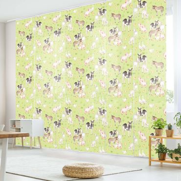 Sliding panel curtain - Green Meadow With Cows And Chickens