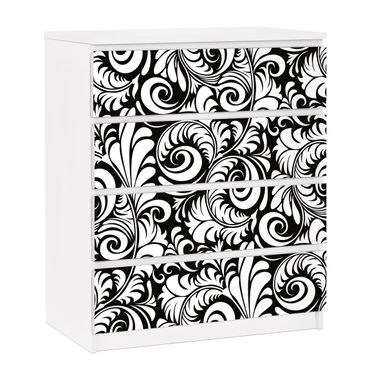 Adhesive film for furniture IKEA - Malm chest of 4x drawers - Black And White Leaves Pattern