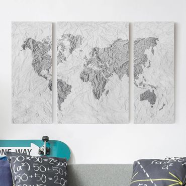 Print on canvas 3 parts - Paper World Map White Grey