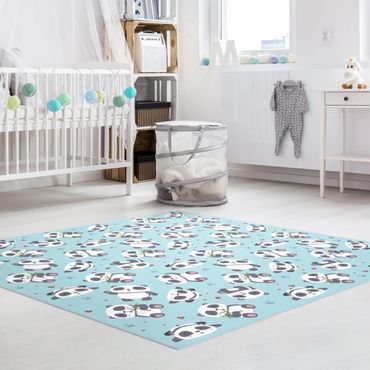 Vinyl Floor Mat - Cute Panda With Paw Prints And Hearts Pastel Blue - Square Format 1:1