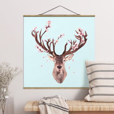 Fabric print with poster hangers - Deer With Cherry Blossoms