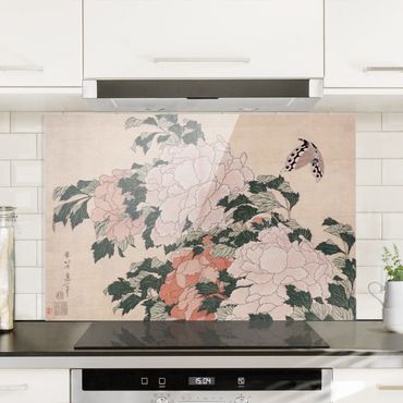 Glass Splashback - Katsushika Hokusai - Pink Peonies With Butterfly - Landscape 2:3