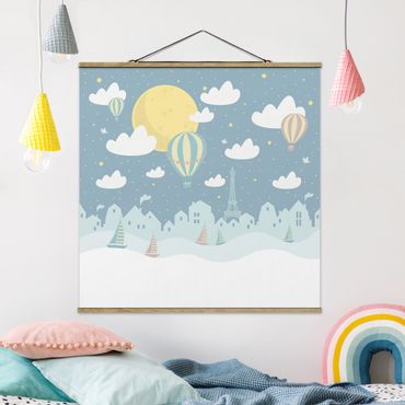 Fabric print with poster hangers - Paris With Stars And Hot Air Balloon
