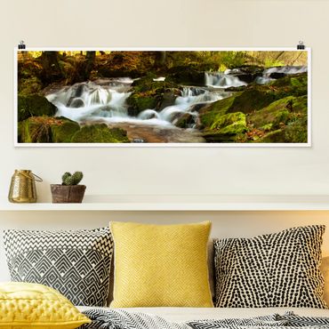 Panoramic poster nature & landscape - Waterfall Autumnal Forest