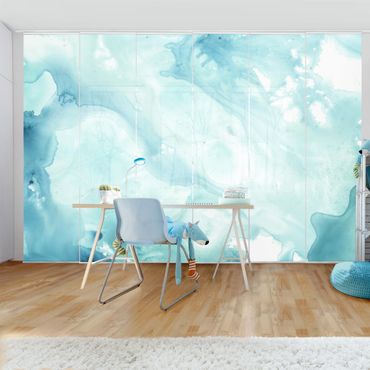 Sliding panel curtains set - Emulsion In White And Turquoise I