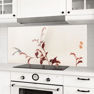 Glass Splashback - Asian Vintage Drawing Red Branch With Dragonfly - Panoramic