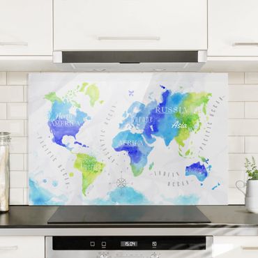 Glass Splashback - World Map Watercolor Blue Green - Landscape 2:3
