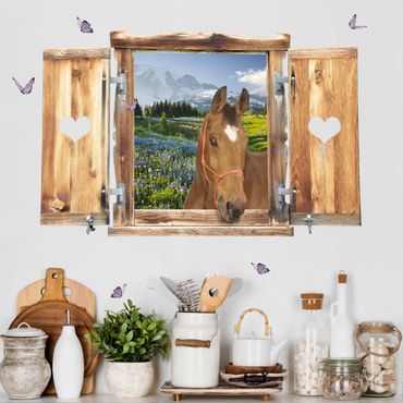Wall sticker - Window With Heart And Horse Mountain Meadow With Flowers