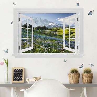 Wall sticker - Open Window Mountain Meadow With Flowers In Front Of Mt. Rainier And Butterflies