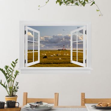 Wall sticker - Open Window North Sea Lighthouse With Sheep Herd