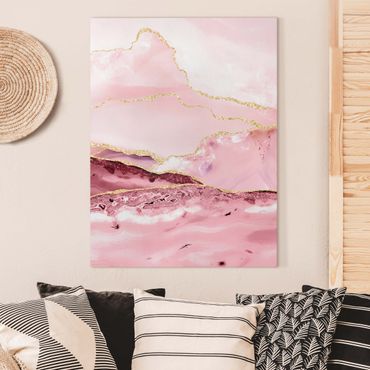 Print on canvas - Abstract Mountains Pink With Golden Lines