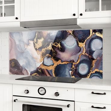 Glass Splashback - Marble Watercolor With Gold - Panoramic