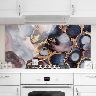 Glass Splashback - Marble Watercolor With Gold - Landscape 1:2