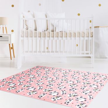 Vinyl Floor Mat - Cute Panda With Paw Prints And Hearts Pastel Pink - Portrait Format 2:3