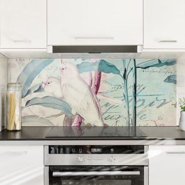 Glass Splashback - Colonial Style Collage - Cockatoos And Palm Trees - Panoramic
