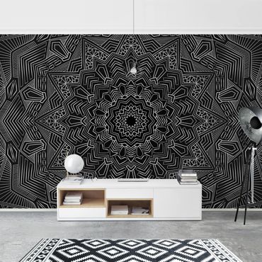 Wallpaper - Mandala Star Pattern Silver Black