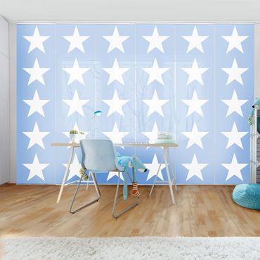 Sliding panel curtains set - Big White Stars on Blue