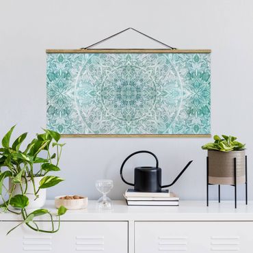 Fabric print with poster hangers - Mandala Watercolour Ornament Pattern Turquoise