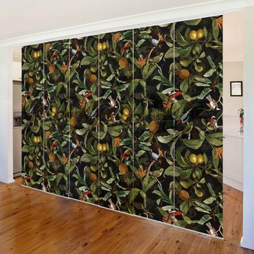 Sliding panel curtain - Birds With Pineapple Green
