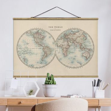 Fabric print with poster hangers - Vintage World Map The Two Hemispheres