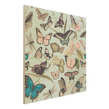 Print on wood - Vintage Collage - Butterflies And Dragonflies