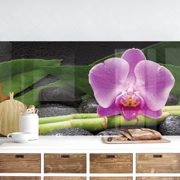 Kitchen wall cladding - Green Bamboo With Orchid Flower