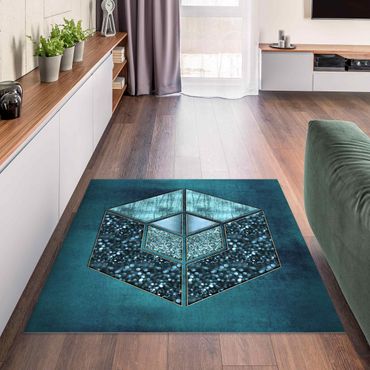 Vinyl Floor Mat - Blue Hexagon With Golden Contour - Square Format 1:1