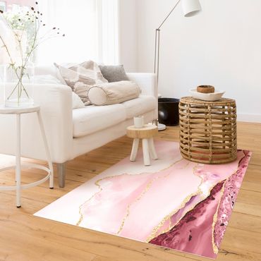Vinyl Floor Mat - Abstract Mountains Pink With Golden Lines - Landscape Format 4:3