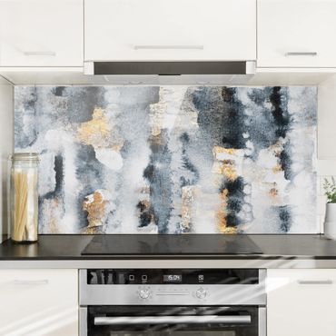 Glass Splashback - Abstract Watercolor With Gold - Landscape 1:2