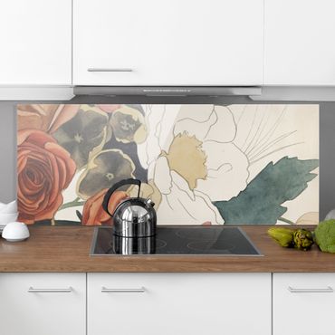 Glass Splashback - Drawing Bouquet In Red And Sepia II - Panoramic