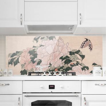 Glass Splashback - Katsushika Hokusai - Pink Peonies With Butterfly - Panoramic