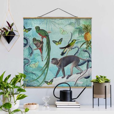Fabric print with poster hangers - Colonial Style Collage - Monkeys And Birds Of Paradise