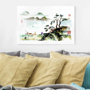 Glass print - Japanese Watercolour Drawing Lake And Mountains