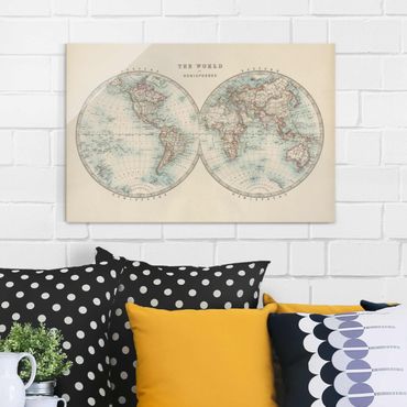 Glass print - Vintage World Map The Two Hemispheres