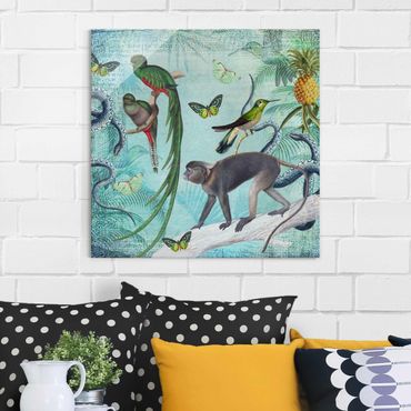 Glass print - Colonial Style Collage - Monkeys And Birds Of Paradise