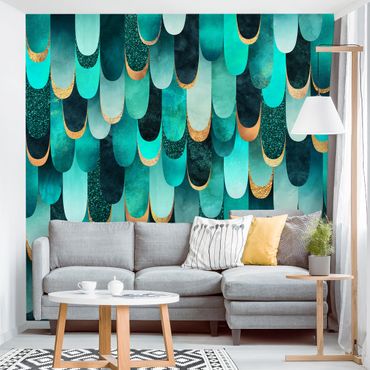 Wallpaper - Feathers Gold Turquoise