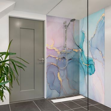 Shower wall cladding - Watercolour Pastel Turquoise With Gold