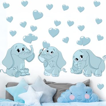 Wall sticker - Three blue elephant babies with hearts