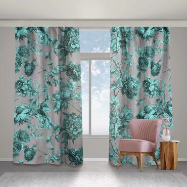 Curtain - Floral Copper Engraving Turquoise Grey