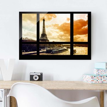 Glass print - Window view - Paris Eiffel Tower sunset