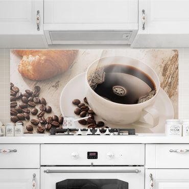 Glass Splashback - Steaming Coffee Cup With Coffee Beans - Landscape 1:2