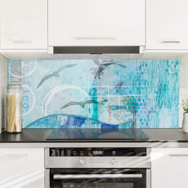 Glass Splashback - Colorful Collage - Blue Fish - Panoramic