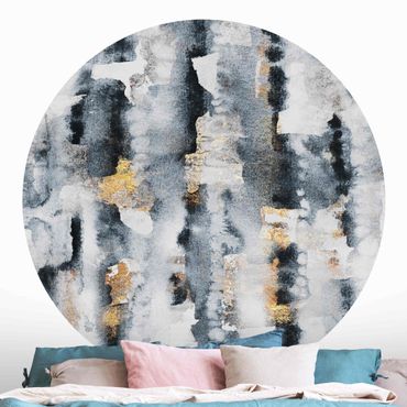 Self-adhesive round wallpaper - Abstract Watercolour With Gold