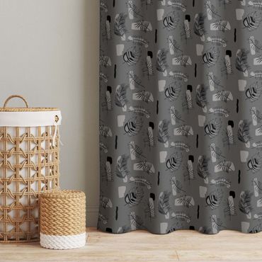 Curtain - Abstract Pattern With Palm Leaves - Grey