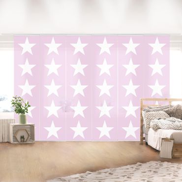 Sliding panel curtains set - Big White Stars on Pink