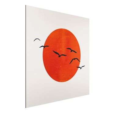 Alu-Dibond print - Flock Of Birds In Front Of Red Sun I